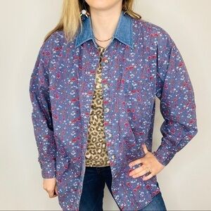 Chic Vintage Blue Denim Chambray Floral Western Jean Bohemian Southwestern Shirt